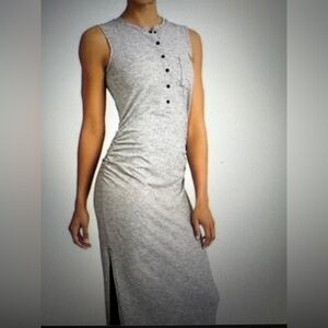 Athleta Black and Gray Fine Stripes Snap Front Ruched Maxi Dress Medium